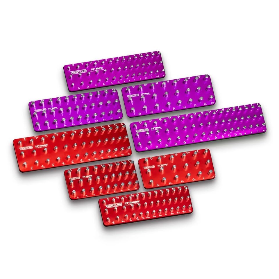 Westling USA Premium Aluminum Professional 8 Piece Socket Tray/Organizer Set, Holds 273 Standard and Metric Sockets (Red/Red, 3 Row)
