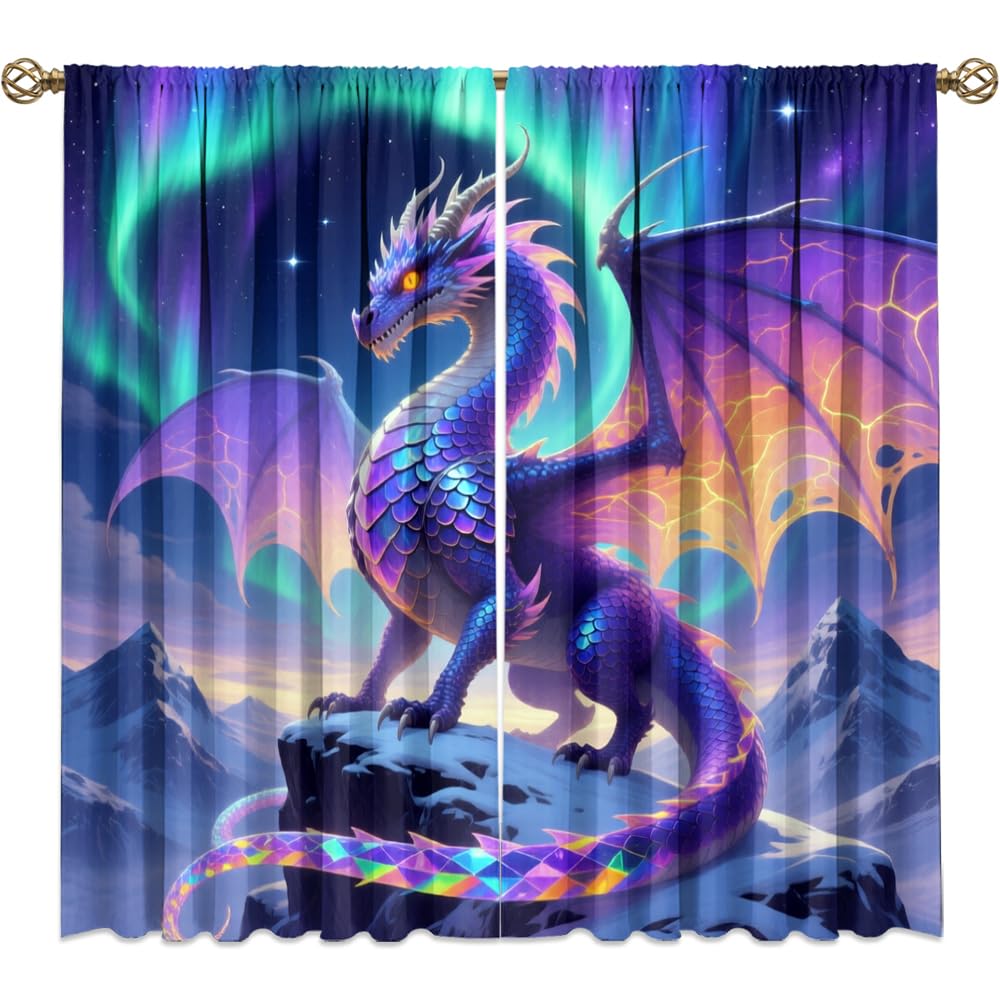 Dreamy Pink Wildlife Dragon Curtains-Fantasy Medieval Castle Rod Pocket Back Tab Window Drapes,Mythological Dragon Floral Roses Thermal Insulated Blackout Curtain,2pcs,Each 52“W x 96”L