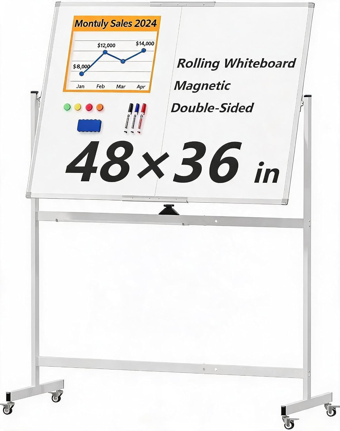 40x28 Inch Rolling Whiteboard with Stand, Double Sided Reversible Mobile Dry Erase Board on Wheels, Aluminum Frame Portable Easel White Board for Office, Classroom, Home