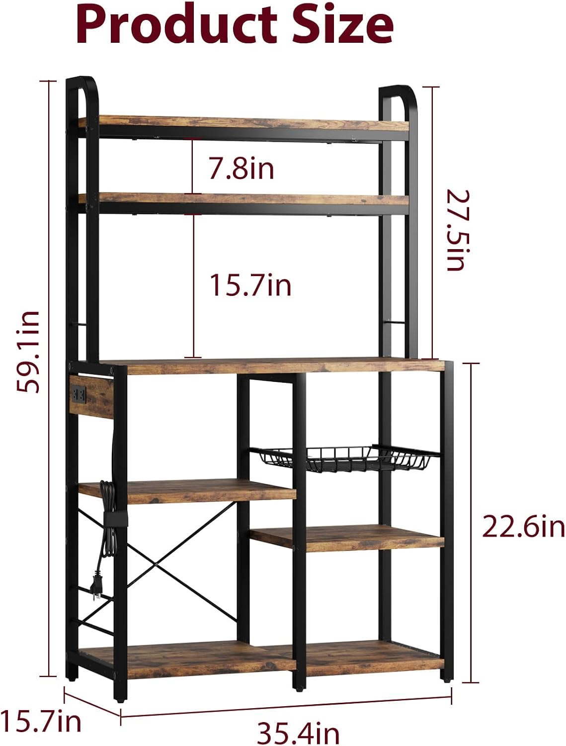 IDEALHOUSE Bakers Rack with Power Outlet, Coffee Bar with Wire Drawer, Industrial Microwave Stand, Kitchen Buffet Table with Large Storage, 6-Tier Kitchen Storage Rack with Hutch, Rustic Brown