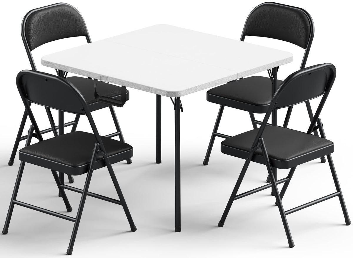Folding Table and Chairs Set for 4, 36 Inch Foldable Card Table with Carrying Handle & 4 PU Leather Padded Folding Chairs, Portable Indoor Outdoor Dining Table Set for Picnic, Camping, RV, Game Night