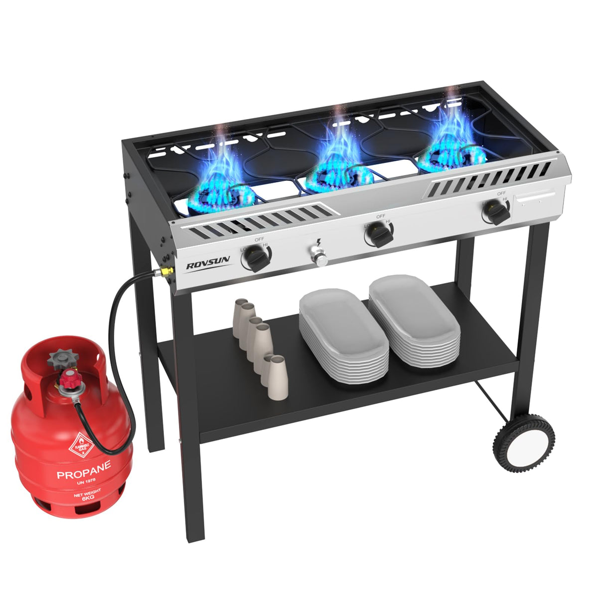 ROVSUN 3 Burner Outdoor Propane Gas Stove with Ignition, Regulator & Side Shelves, 225,000 BTU Rolling Gas Stove Outdoor Cooker for Backyard Patio Cooking Home Camping Brewing Canning Turkey Frying