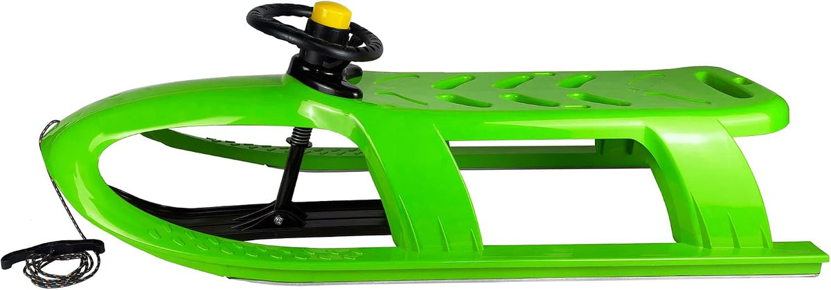 Snow Sled for Kids - SnowRush Sledge - Single Rider Racer Toboggan with Pull Rope and Steering Wheel; Outdoor Plastic Winter Sleigh for Toddlers & Kids