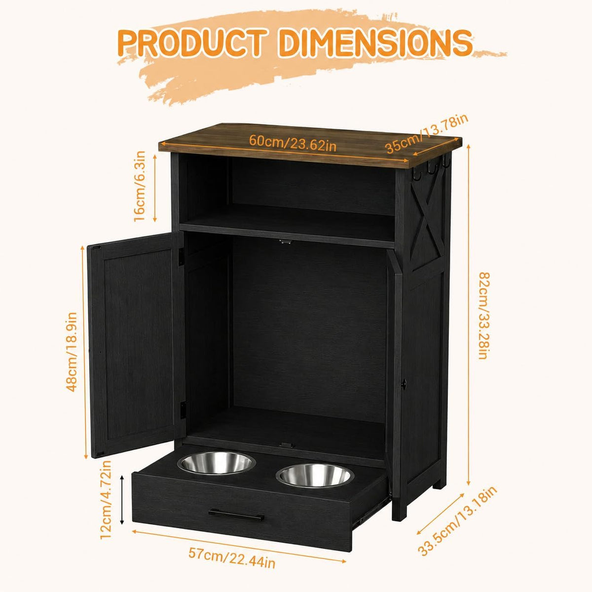 Dog Feeding Station with Storage Cabinet, Raised 2 Elevated Dog Bowls with Hidden Drawer, Pet Feeding Station with Storage, Dog Food Storage Cabinet with 3 Side Hooks, Pet Storage Station
