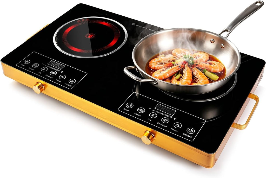 Electric Countertop Double Burner, 7000W Ceramic Cooktop with Crystal Glass Hot Plate & Stay Cool Handles, 12 Level Temperature Control, LED Display, Touch Control, Cooking Stove for Home Camping RV