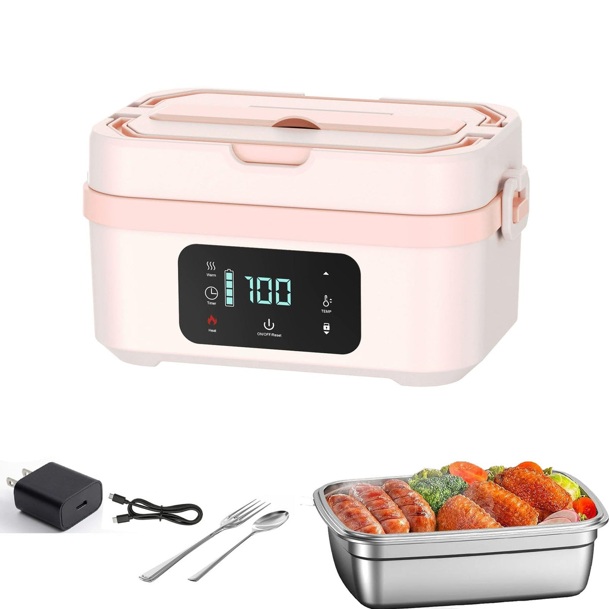 Cordless Heated Lunch Box, 30,000mAh Rechargeable Electric Lunch Box with Automatic Heatings Timer & Adjustable Heating, 5.7 Cup Portable Food Heater Warmer Office Car Outdoor (Pink)