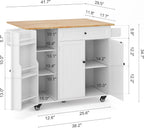 Ahomly Rolling Kitchen Island with Storage, Drop Leaf and Drawer, White