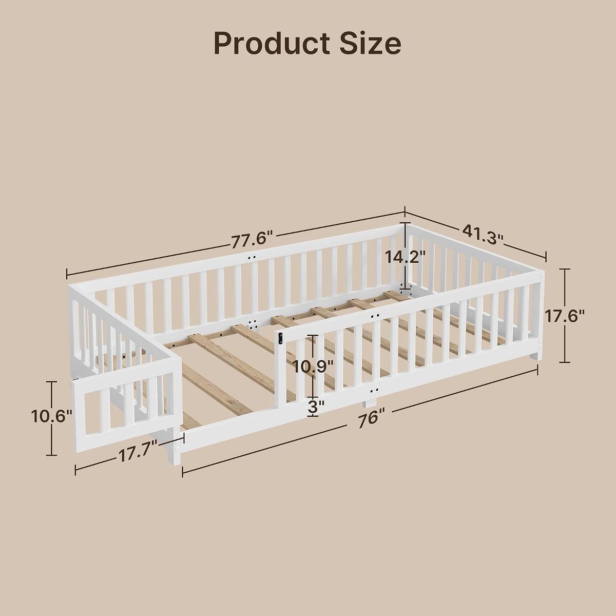 Gizoon Twin Montessori Floor Bed for Toddlers Floor Bed Frame, White