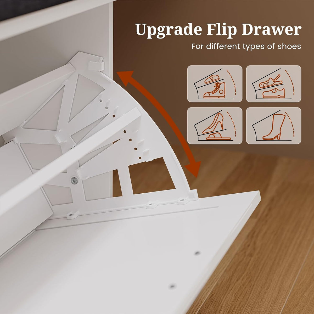UPOSOJA Farmhouse Storage Bench with Flip Drawers & Padded Seat Cushion, Half Hidden Shoe Rack Organizer, Adjustable Shelf Shoe Cabinet for Entryway, Bedroom, Living Room (White, 57IN)