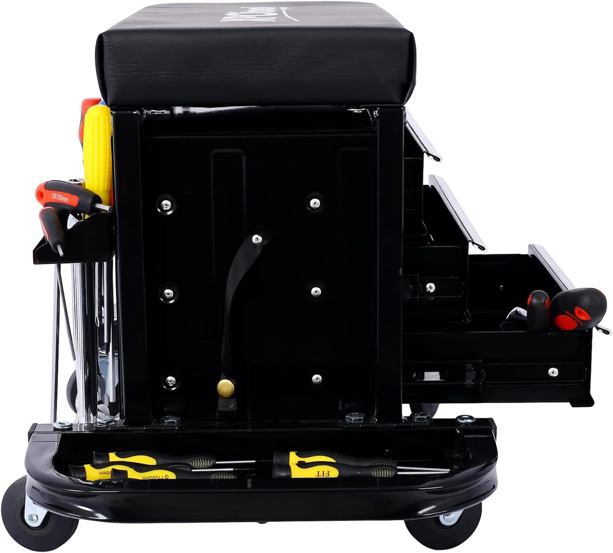 3-Drawer Rolling Tool Chest Seat Garage Glider Mechanic Stool with Magnetic Side Trays, Heavy Duty Rolling Tool Box for Warehouse, Workshop, 350lbs Capacity