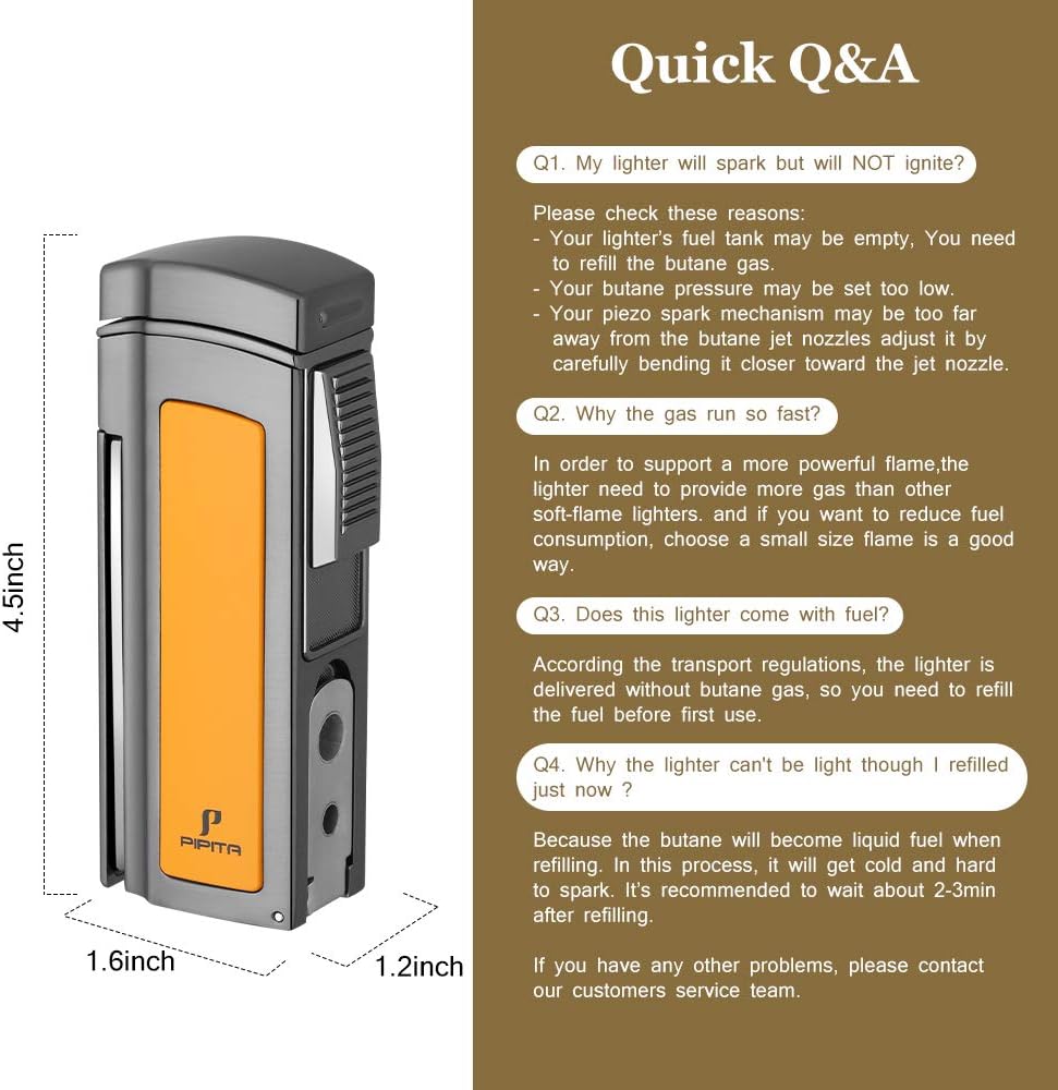 PIPITA Windproof Cigar Torch Metal Gas Cigarette Butane Lighter with Quad Blue Flame Refillable Lighter and Two Punch