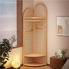 Freestanding Entryway Coat with Hooks, Boho Floor Standing Clothes Rack with Shoes Shelf, Rattan Clothes Rack Corner for Bedroom, Living Room, Hallway 17''x17''x76''(Khaki A)