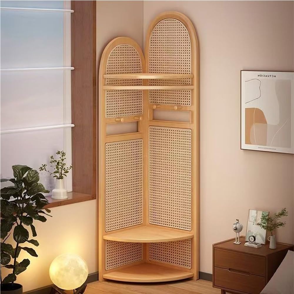 Freestanding Entryway Coat with Hooks, Boho Floor Standing Clothes Rack with Shoes Shelf, Rattan Clothes Rack Corner for Bedroom, Living Room, Hallway 17''x17''x76''(Khaki A)