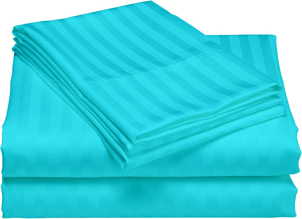 USA Full Sheet Set in Turquoise Blue Stripe 400 Thread-Count 100% Egyptian Long Staple Cotton, Sateen Weave for Soft and Silky Feel, Breathable 4-Piece Bedsheet, Elasticized 24'' Extra Deep Pocket