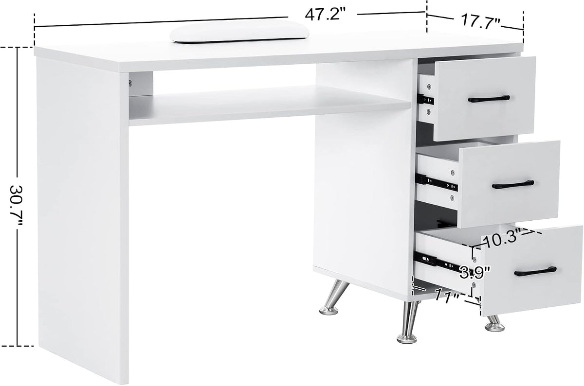 BarberPub Nail Desk with 3 Drawers, Open Space, Wrist Rest White 2655