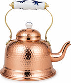 Handcrafted Portuguese Hammered Copper Tea Kettle with Tin-Lined Interior, Ceramic Floral Handle & Lid, 54 oz., Made in Portugal, Traditional Copper Teapot for Tea, Hot Water & Kitchen Display
