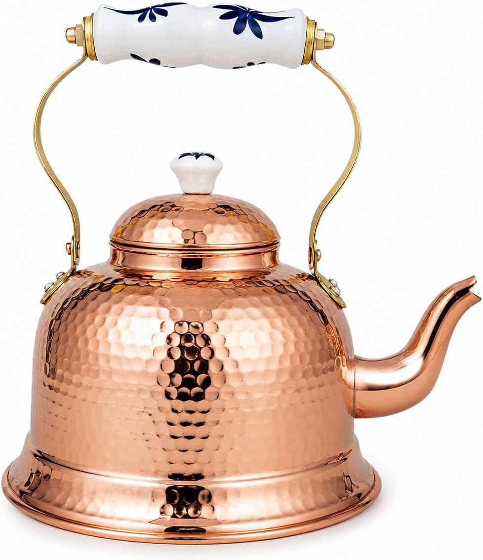 Handcrafted Portuguese Hammered Copper Tea Kettle with Tin-Lined Interior, Ceramic Floral Handle & Lid, 54 oz., Made in Portugal, Traditional Copper Teapot for Tea, Hot Water & Kitchen Display