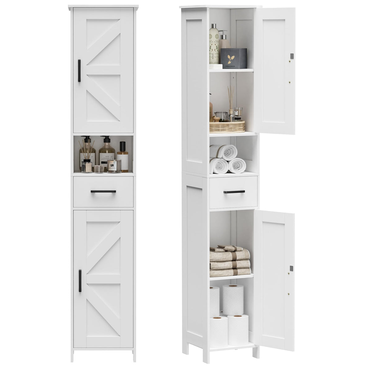 Homhedy 67" H Tall Bathroom Storage Cabinet with Barn Doors and Drawer