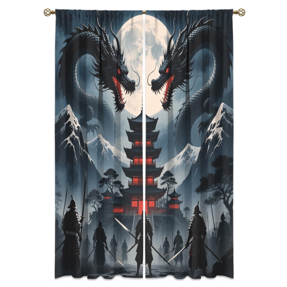 Fantasy Mythical Animal Dragon Curtains,Dreamy Galaxy Full Moon Room Darkening Blackout Window Treatment,Mythological Wildlife Dragon Rod-Pocket Privacy Curtains,2pcs,Each 52“W x 96”L
