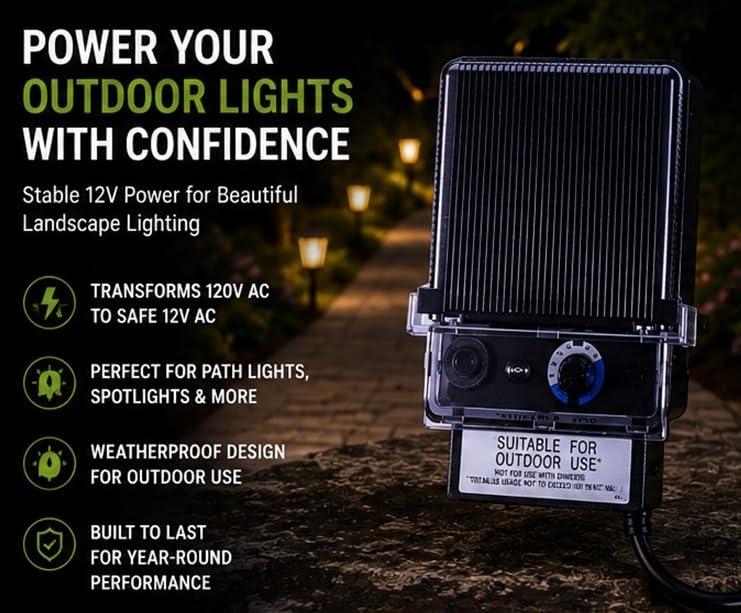 150W Watt AC to 12V Volt LED & Halogen -120V Volt Low Voltage Landscape Lighting Indoor/Outdoor Weatherproof Transformer Electric Power Pack with Photocell Sensor - Black Case