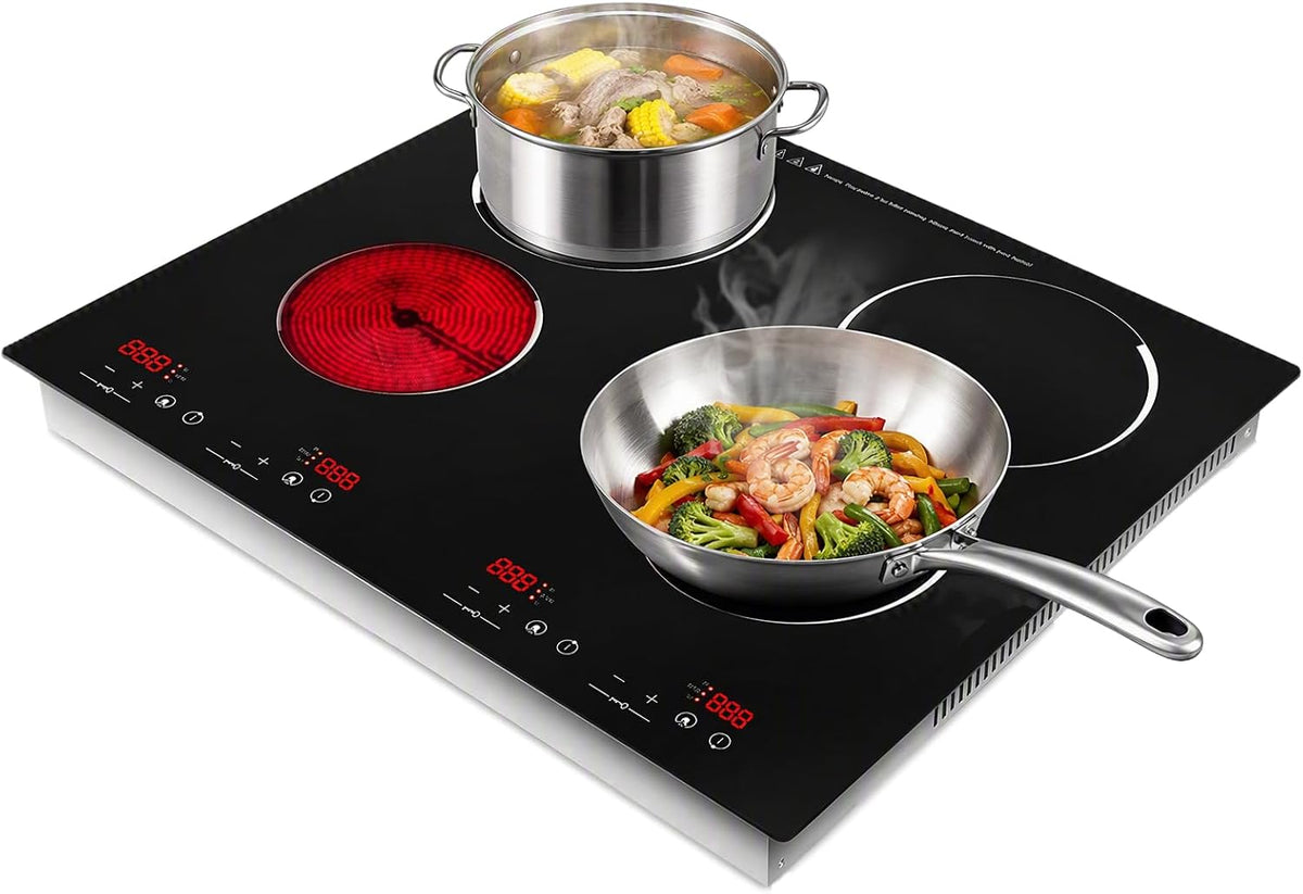 23 Inch Electric Ceramic Cooktop 4-Burner 3000W Hot Plate with Touch Control & LED Display, Child Lock, Countertop/Built-in, Electronic Ignition, for Kitchens Restaurants Black 110V