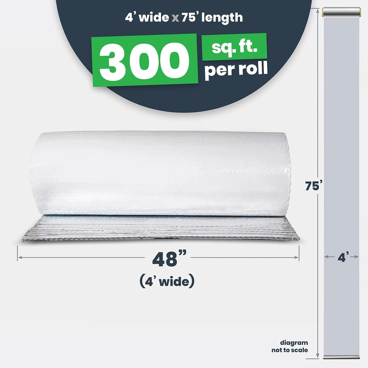 EcoFoil Double Bubble Insulation Roll 48" x 75' (300 sq. ft.), 6.35mm Thick, White/Foil, Made-in-USA Double Bubble Reflective Foil Insulation Roll for Cold & Warm Climates, Radiant Barrier