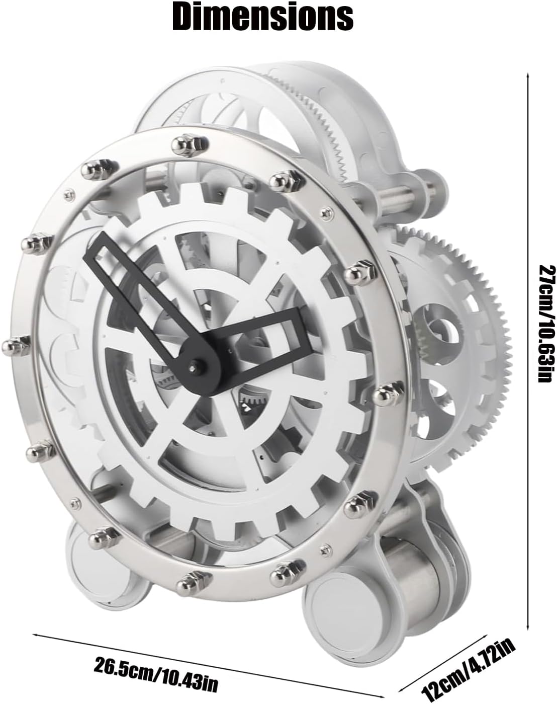 Modern Industrial Gear Desk Clock, 10.6-Inch Silver Metal, Decorative Mechanical Design with Moving Gears, for Living Room and Office Decor (Silver Gear Rotating Clock)