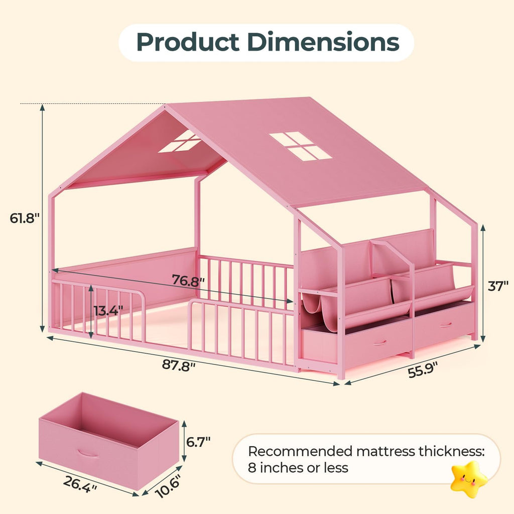 Montessori Full Size Floor Bed, Safety Guardrails, Reading Nook, Pink