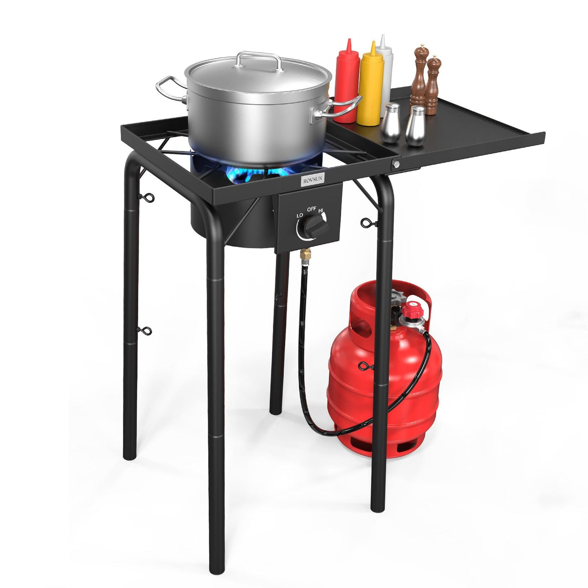 ROVSUN 2 Burner Gas Stove with Side Shelves, 150,000 BTU Portable Propane Stove with Removable Legs, Wind Panels & Regulator for Camping Home Backyard Cooking Brewing Canning Turkey Frying