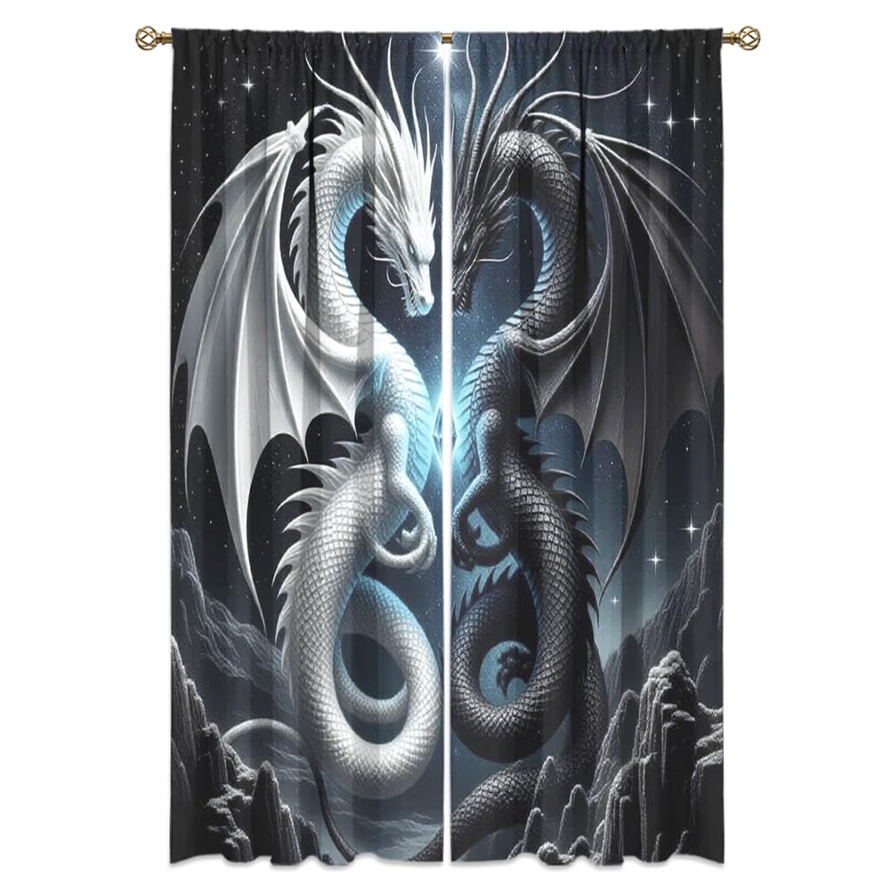 Traditional Ukiyoe Wildlife Dragon Curtains-Dreamy Ancient Japan Architecture Rod Pocket Back Tab Window Drapes,Japanese Samurai Thermal Insulated Blackout Curtain,2pcs,Each 52“W x 96”L