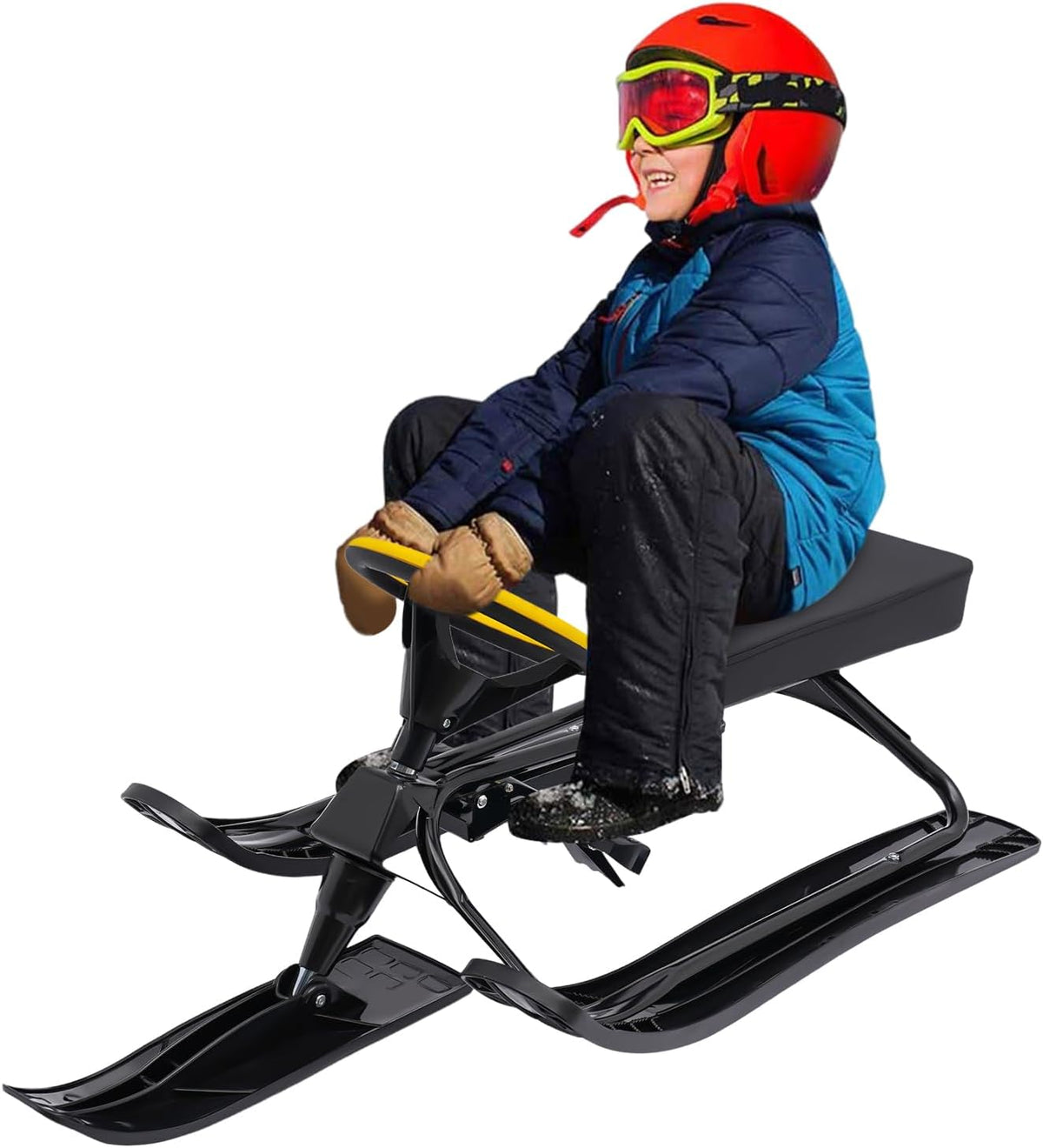 Snow Racer Sled with Steering Wheel and Brakes, Durable Steel Frame, Downhill Steerable Sled for 220 LBS Kids, Teenagers, Adults
