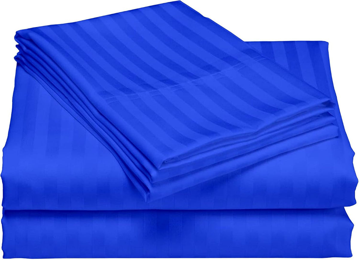USA Twin XL Sheet Set in Royal Blue Stripe 400 Thread-Count 100% Egyptian Long Staple Cotton, Sateen Weave for Soft and Silky Feel, Breathable 4-Piece Bedsheet, Elasticized 24'' Extra Deep Pocket