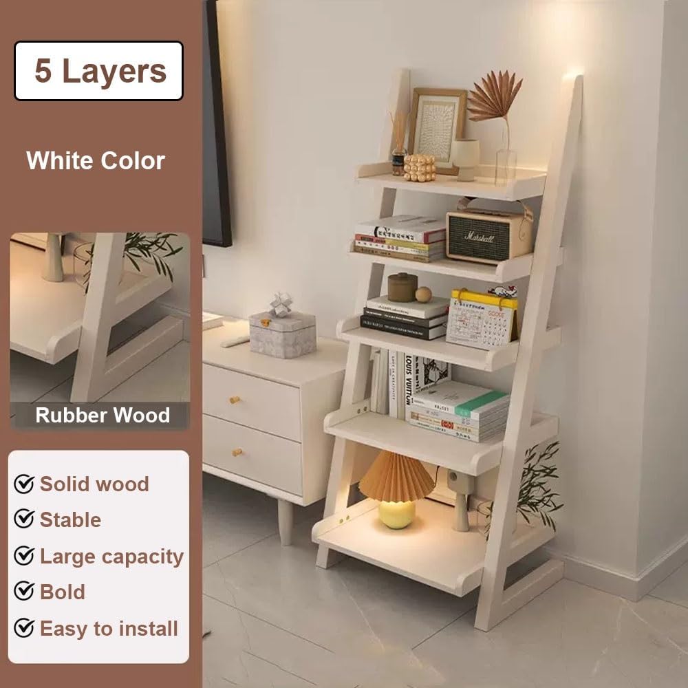 23.6x11.4x55in Ladder Bookshelf L-Shaped Leaning Bookcase Heavy Duty Solid Wood Floor Standing Storage Shelving Unit 5-Tier Bookshelves Shelf Organizer(White)