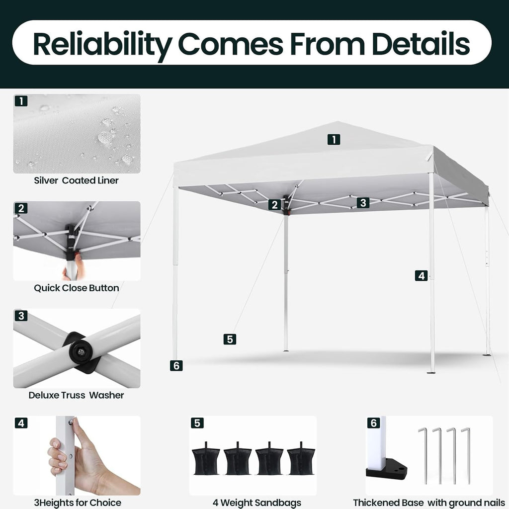 Shades 10x10 Pop Up Canopy, Heavy Duty Beach Tent with Carrying Bag for Easy Moving, Sun Shelter for Parties, Events, Camping, Outdoor Gazebo with 420D PU Coated Waterproof White Fabric