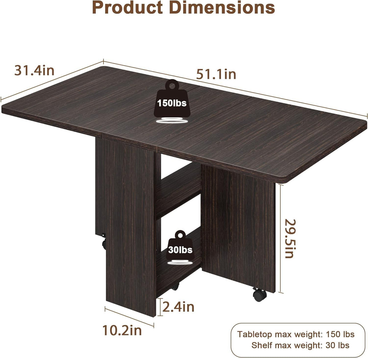 IDEALHOUSE FoldingTable, Drop Leaf Dining Table with 6 Wheels and 2-Layer Storage Shelf, Space Saving Table for Small Spaces (Dark Walnut, 50.1" D x 31.4" W x 29.5" H)