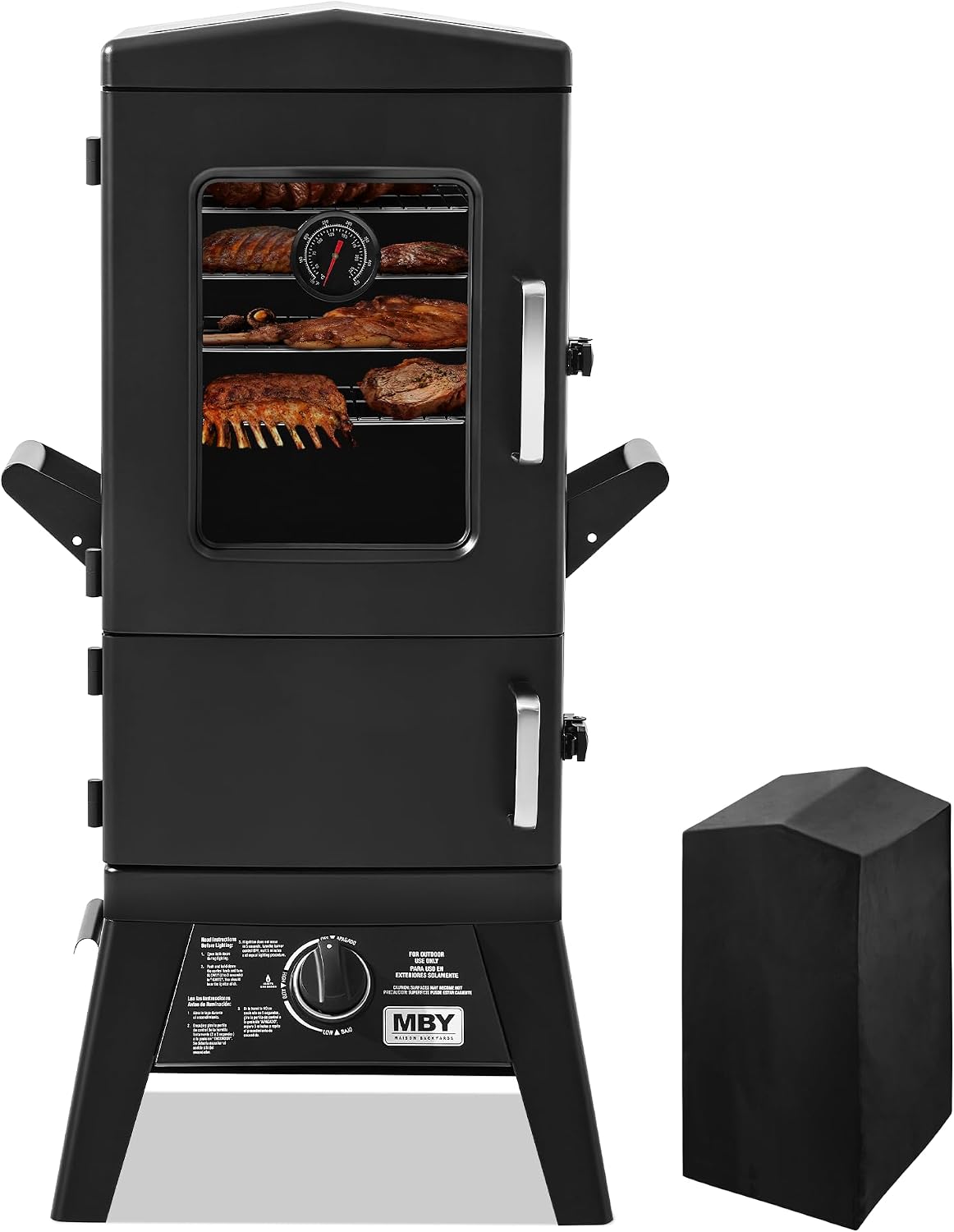 Propane Smoker with Cover, Vertical Smoker Grill with Temperature Control Outdoor Heavy Duty Three Removable Smoking Shelves, Metal Black