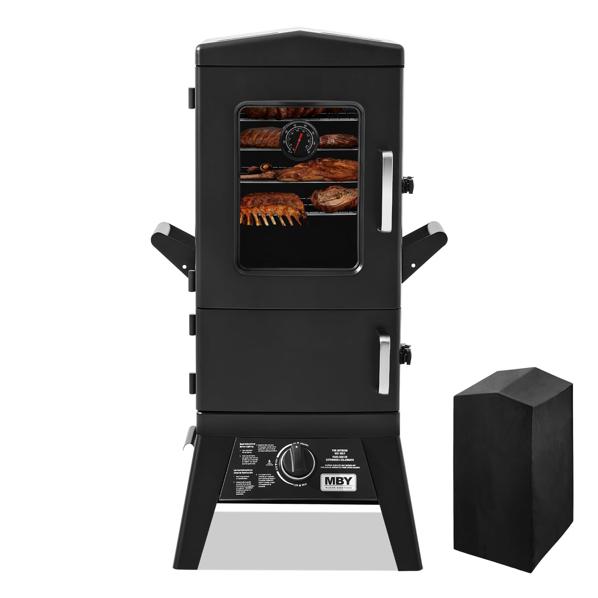 Propane Smoker with Cover, Vertical Smoker Grill with Temperature Control Outdoor Heavy Duty Three Removable Smoking Shelves, Metal Black
