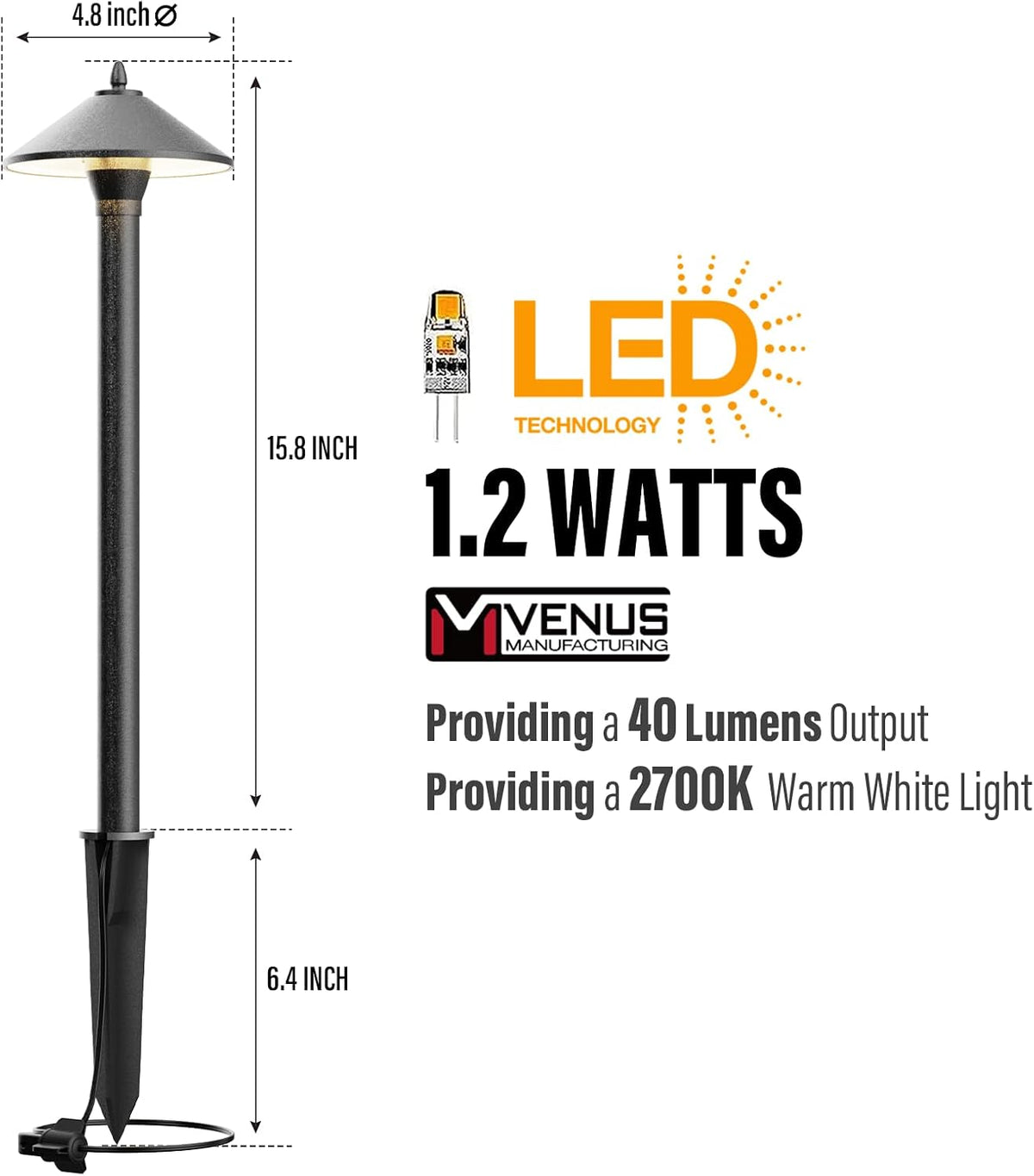 VENUS MANUFACTURING 24PK Low Voltage LED Pathway Lights 1.2W Outdoor Landscape Lighting 40 Lumen Landscape Path Lights 2700K for Lawn Patio Yard Walkway Driveway Pathway Garden