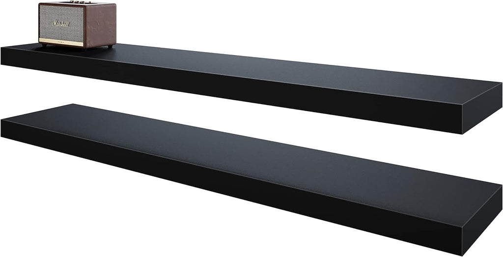 BAMEOS 47in Floating Shelves, Black Wall Mounted Wooden Shelves with Invisible Brackets Set of 2