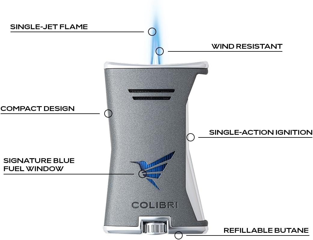 Colibri Premium Slim Torch Lighter - Windproof & Refillable, Cigar Enthusiast's Choice with Blue Fuel Window and Adjustable Flame (Black + Black) - Shipped Empty - no Butane.
