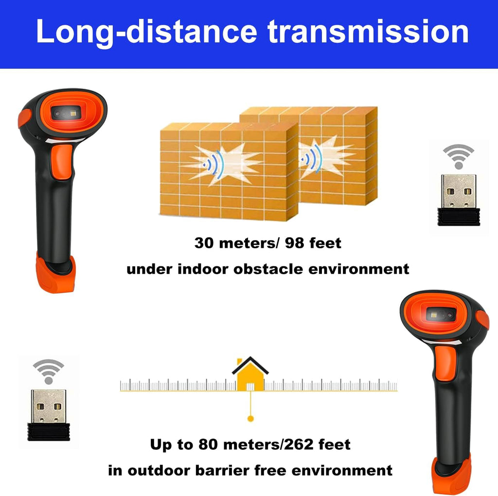 LENVII CW200 2D Barcode Scanner Wireless 2 in 1 Handhold Barcode Reader QR Code Scanner USB Bar Code Scanner for Shop use Store,Supermarket, Warehouse (Orange)