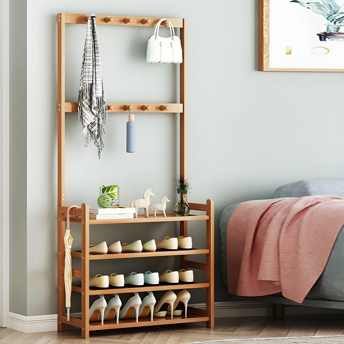 Modern Wood Coat Hanger Storage Shelves & Coat Hooks Entryway Kit Multifunctional Clothes Hanger Floor-standing Bedroom Clothes Storage Rack Simple Coat Rack Natural 31.5"L x 9.1"W x 69.3"H