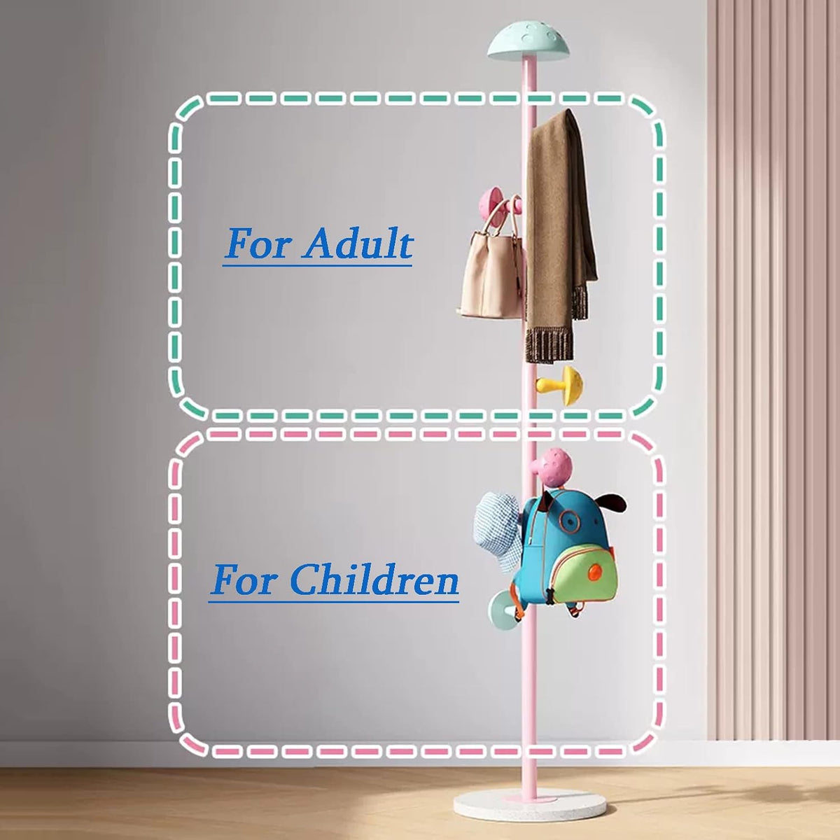 Coat Rack Stand for Children, Metal Freestanding Garment Rack with 8 Mushroom Hooks, Blue