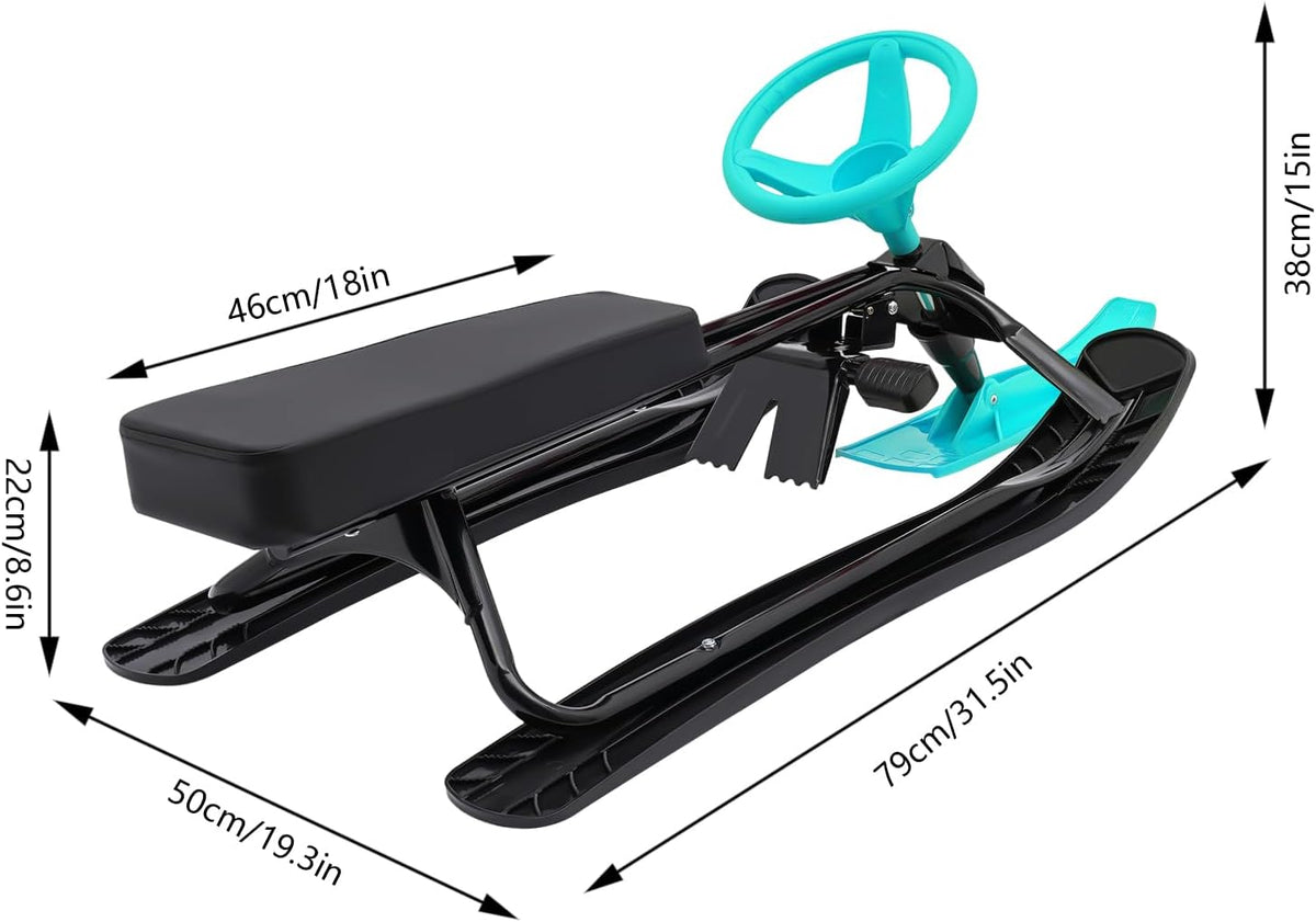 Snow Racer Sled, Ski Sled with Steering Wheel & Twin Brakes, Durable Steel Frame, Great Weight Capacity of 220 LBS, Sled for Kids Age 6 & Up, Teenagers Adult
