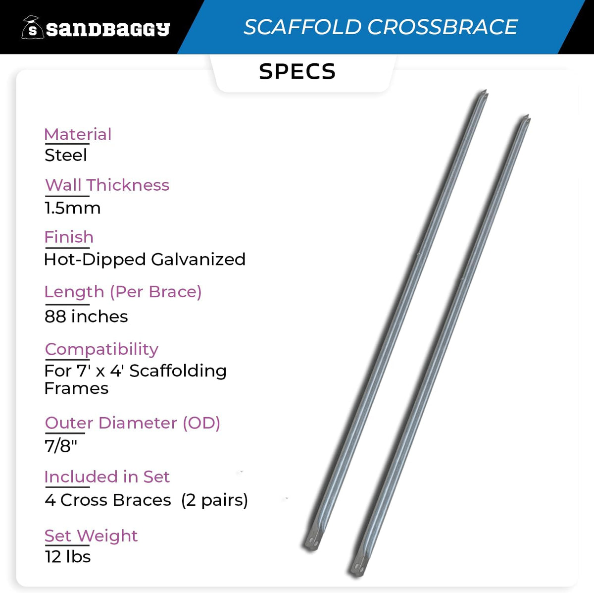Scaffolding Cross Braces for 7' x 4' Frames | Steel Cross Brace - Sandbaggy (4)