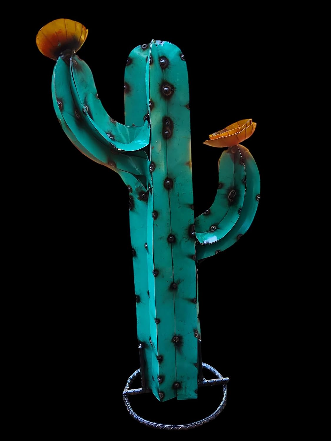 27" Rusty Metal Yard Art, Saguaro Metal Cactus Sculpture with Flower, Yard Decor (Turquoise) M002