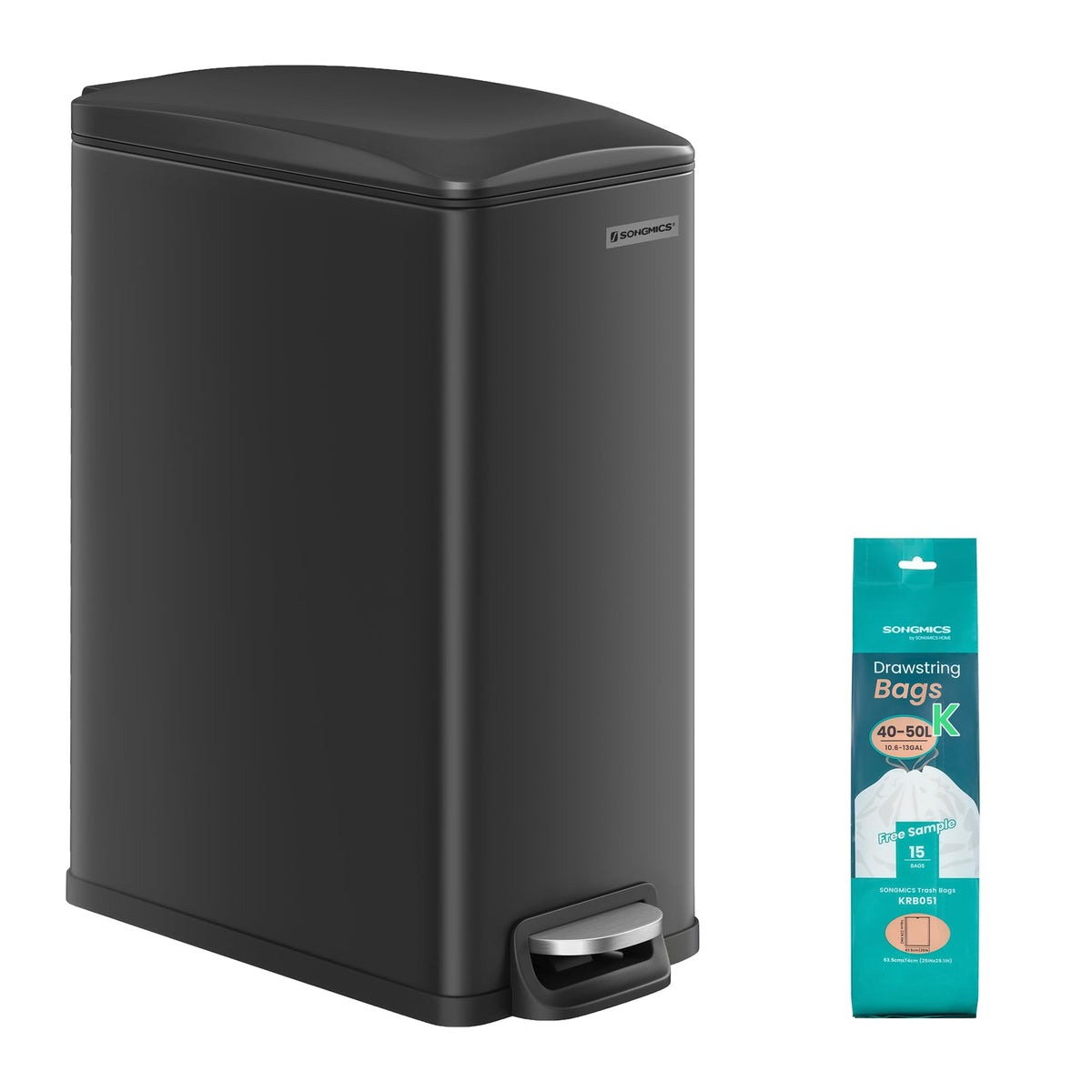 SONGMICS Kitchen Trash Can with Lid, 13-Gallon (50 L) Slim, Stainless Steel