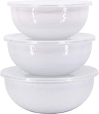 Golden Rabbit Enamelware Nested Mixing Bowls with Lids, Set of 3, Solid White Textured