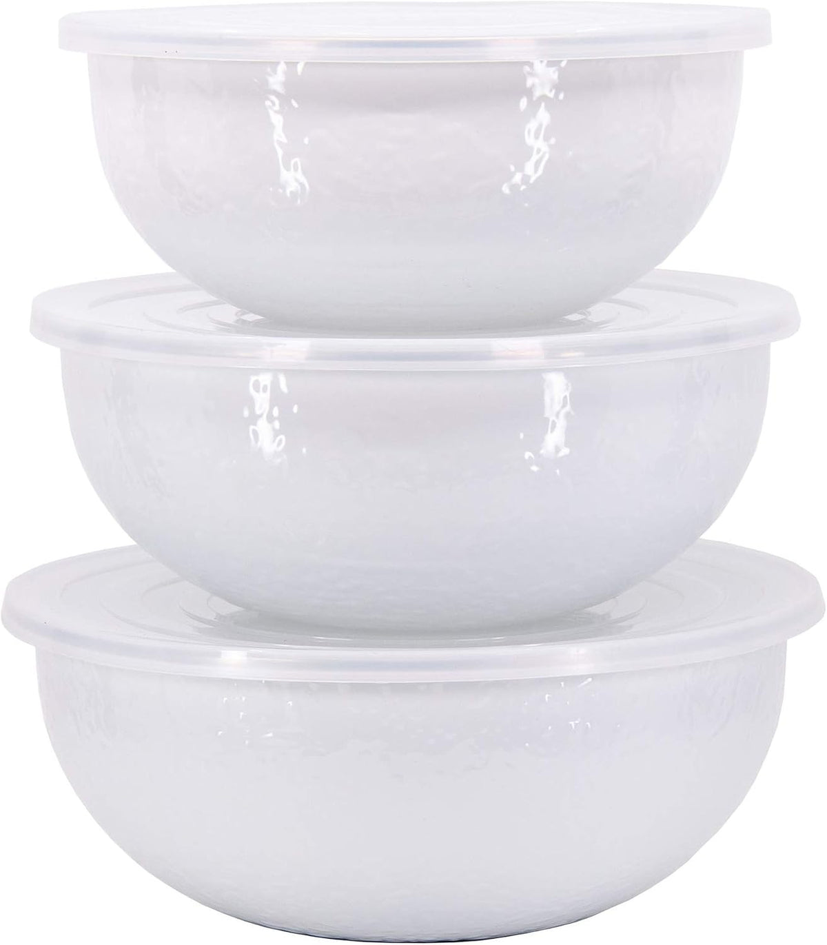 Golden Rabbit Enamelware Nested Mixing Bowls with Lids, Set of 3, Solid White Textured