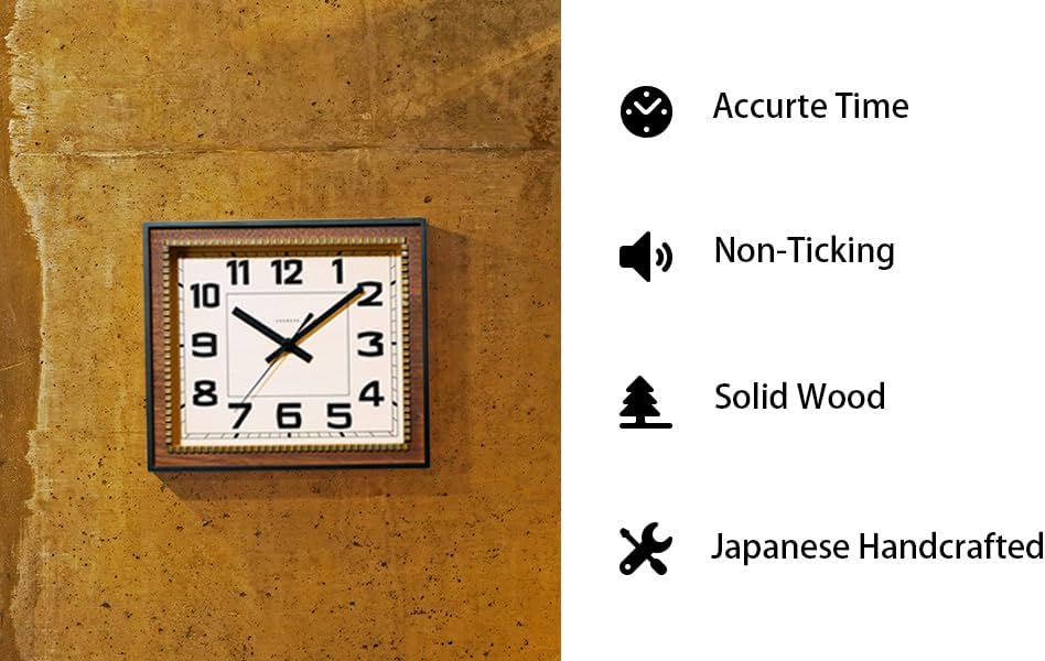 Brass Clock Japanese Handcrafted Solid Wood Clock Silent Non-Ticking Battery Operated Modern Decorative for Living Room Bedroom Office Brass Rectangle Clock CH-053 (Walnut)